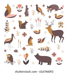 Vector set of forest animals made in flat style. Mammals cartoon collection for children books and posters. Owl, reindeer, moose, racoon, fox, bear and other. Each animal isolated and easy to use.