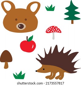 Vector set of forest animals, mushrooms, apple and fir on white background. For children book, card, decor, sticker, print
