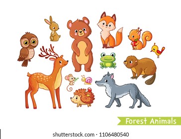 Vector set with forest animals on a white background. Mild animals in the children's cartoon style.