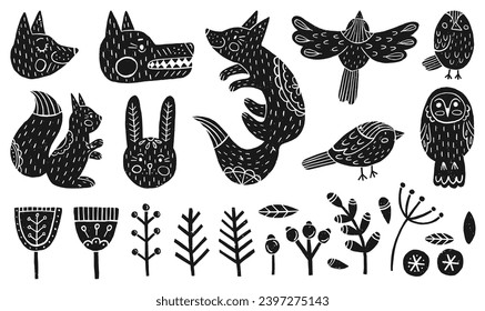 Vector set of forest animals and plants in Scandinavian style. Black silhouettes of animals, leaves and branches with Scandi ornaments.