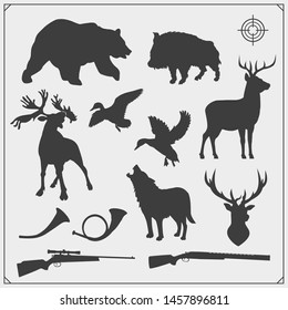 Vector set of Forest animals silhouette. Hunting club design.