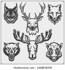 Vector set of forest animals. Template for hunting club emblems. Print design for t-shirt.