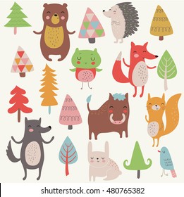 Vector set of forest animals and trees in cartoon style. Cute bear, hedgehog, owl, fox, wolf, boar, squirrel and hare in cartoon style.