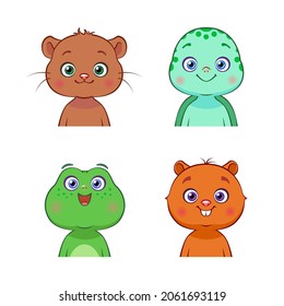 Vector set of forest and aquatic animals. Isolated cute baby otter, turtle, frog, beaver. Hand drawn character.