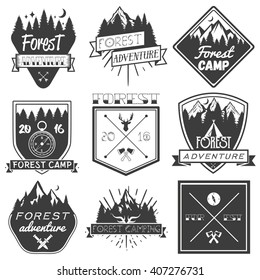 Vector set of forest camp labels in vintage style. Design elements, icons, logo, emblems and badges isolated on white background. Logotype template illustration with forest, pines, trees, mountains.