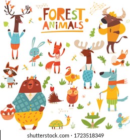 Vector set of Forest cartoon animals of North. Bundle of cute cartoon animals characters isolated on white background. Set of colorful vector illustrations in flat cartoon style.