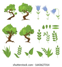 Vector set of forest, different trees, green grass, flowers, leaves, parks, outdoor elements. Nature collection on white background isolated