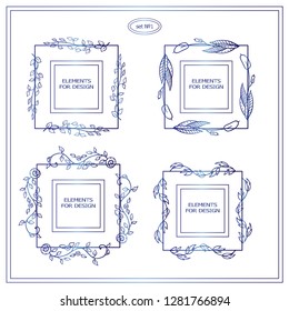 Vector set of forest elements for design. Set of square frames, rectangles, section, module, template for logo, boxes, advertising and business signs. Stylized blue watercolor style. Set 1 from 6