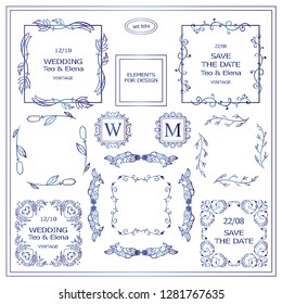 Vector set of forest elements for design. Set of square frames, rectangles, section, module, template for logo, boxes, advertising and business signs. Stylized blue watercolor style. Set 4 from 6