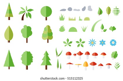 Vector set of forest elements. Trees, flowers, mushrooms, leaves, grass
