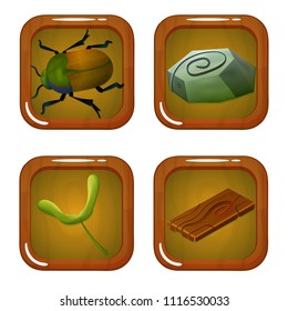 Vector set of forest icons with beetle, wood, stone and helicopter seed leaf. Isolated elements on white background. Perfect for game icons or other design works.