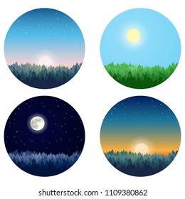 Vector set of forest landscapes: pine forest at sunset, sunrise, day and night. Vector illustration.