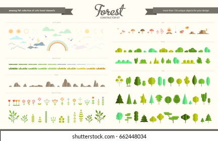 Vector set of forest, park and weather elements, various trees, bushes, grass, flowers, stones, mushrooms, clouds, sun and moon. Nature icon collection, infographic. Flat constructor. Game design