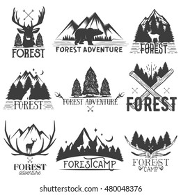 Vector set of forest theme emblems. Vintage badges, logos, labels and stickers with animal and trees silhouettes, isolated illustrations on white background