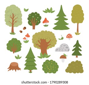 Vector set of forest trees, plants, shrubs, bushes, mushrooms isolated on white background. Flat autumn woodland illustration. Natural greenery icons collection
