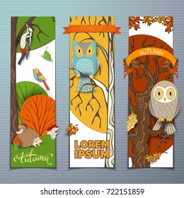 Vector set of forest vertical banners. Cartoon owl, hedgehog, woodpecker, mushrooms, trees and leaves made in cartoon style. Autumn woodland elements. Bright nature backgrounds.