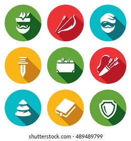 Vector Set of Forestry justice Icons. Archer, Bow and Arrow, Poor Man, Sword, Treasure, Quiver, Forest, Book, Shield.