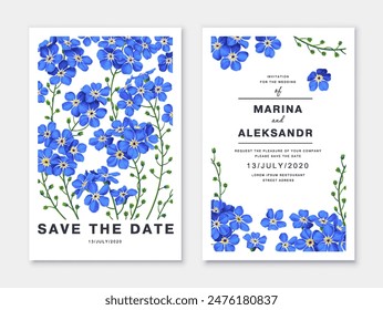 Vector set of forget-me-not flowers postcards. Realistic, drawn, detailed floral patterns. Ready-made posters, separate banners, place for text. Advertising, postcards, banners in social networks.