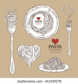 Vector set: fork with pasta, plate of pasta,  hand drawn.