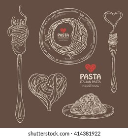 Vector set: fork with pasta, plate of pasta, hand drawn.