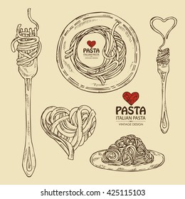 Vector set: fork with pasta, plate of pasta, hand drawn.