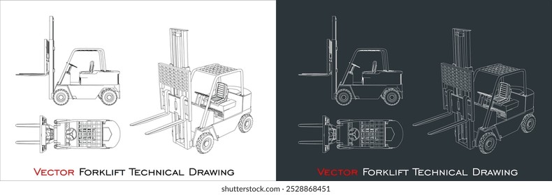 Vector set  forklift line blueprint wireframe technical drawing
