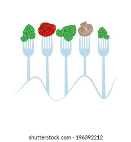 vector set of forks with fresh healthy slices of vegetables: spinach, tomato, pepper