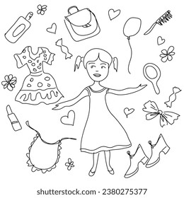 Vector set in the form of a girl and things hand-drawn in doodle style