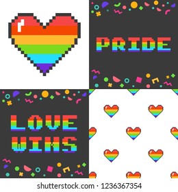 Vector set of four 8 bit pixel art posters LGBT pride concept. Rainbow colors, love wins, hearts, trendy geometric pattern
