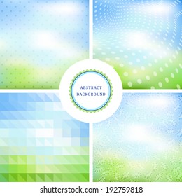 Vector set of four abstract backgrounds. Geometry, sky, leaves.