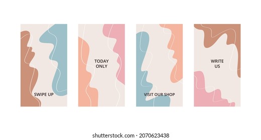 Vector set of four abstract backgrounds. Modern trendy illustration. Flat style. Every doodle object is isolated. Ready pattern for social media, stories to smartphone. Design of business, marketing.