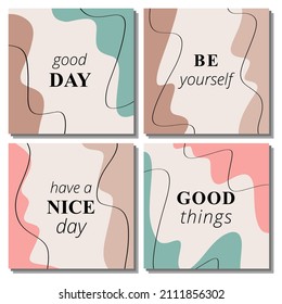Vector set of four abstract backgrounds. Ready design for social media, story, post. Reels template for smartphone. Flat style illustration. Cover of business card, poster, flyer, brochure.