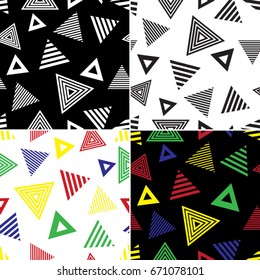 Vector set of four abstract seamless geometric patterns in memphis style. 
