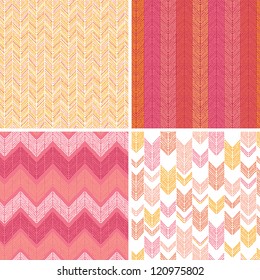 Vector set of four abstract textile stripes argyle seamless patterns background with hand drawn shapes.