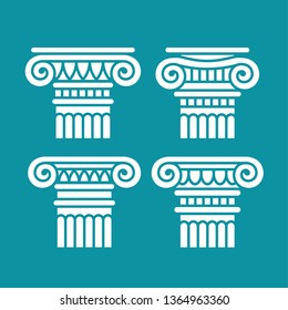 Vector set of four antique columns, orders, capitals. White linear silhouettes. Icon, sign, logo.