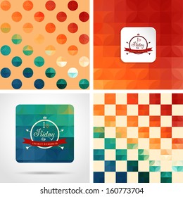Vector set of four backgrounds and frame. Geometric background in vintage style. Multicolored circles and squares. Beautiful inscription in retro style - I love Friday.