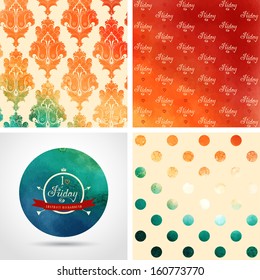 Vector set of four backgrounds and frame. Hand drawing with colored spots and blotches. Beautiful inscription in retro style - I love Friday. Damasc and geometric pattern.