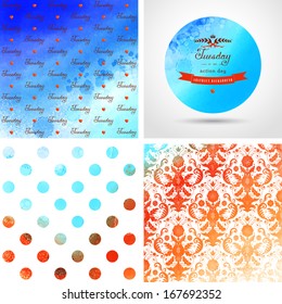 Vector set of four backgrounds and frame. Hand drawing with colored spots and blotches. Beautiful inscription in retro style - Tuesday is an action day. Damasc and geometric pattern.