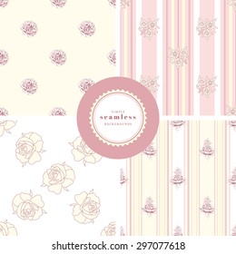 Vector set of four backgrounds with stripes and flower seamless pattern. Victorian garden roses. Hand drawing. 