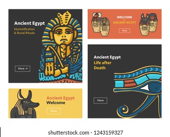 Vector set of four banner design with Ancient Egypt symbols: Tutankhamun Sarcophagus, Anubis Head, Canopic jars (using in embalming proccess); Hand drawn cartoonish style with outline