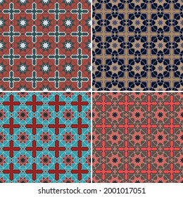 vector set of four beautiful tile patterns. rounded polygons, cruciform shapes, stroked stars are grouped and arranged in rows. 