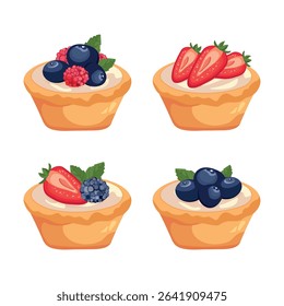 Vector set of four berry tartlets with cream, decorated with strawberries, raspberries, blueberries, and blackberries on white background. Ideal for Chocolate Day, kids design, bakery, and festive dec