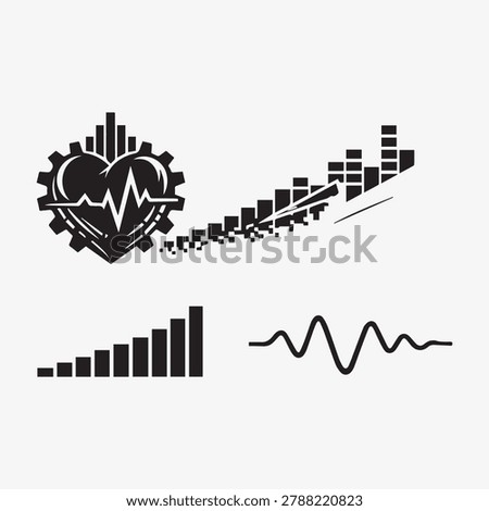Vector set of four black graphic icons including heart with EKG gear, lightning bolt equalizer, rising bar graph, and smooth waveform. Modern minimalist design symbolizing health technology, energy, growth, and sound. Perfect for business presentations, data visualization, fitness apps, and creative projects focused on innovation and progress.