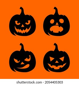 Vector set of four black silhouettes of jack-o'-lanterns (Halloween pumpkins) isolated on an orange background. 