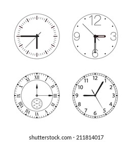 Vector set of four black and white watches / clocks isolated on white