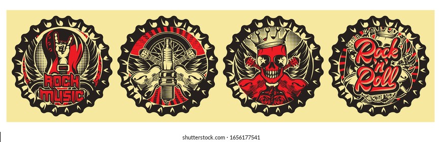 Vector set of four bottle caps with illustrations.