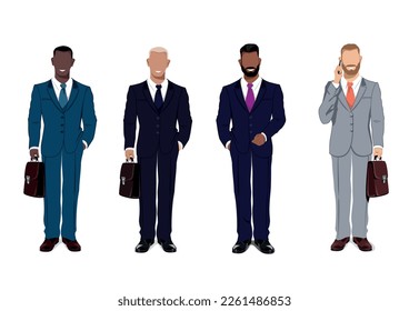 Vector set of four businessmen of different nationalities on a white background. A businessman in a suit, tie and with a briefcase came to a business meeting, seminar or work in the office.