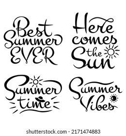 Vector set of four calligraphic inscriptions on the theme of the sun and summer in black on a white background