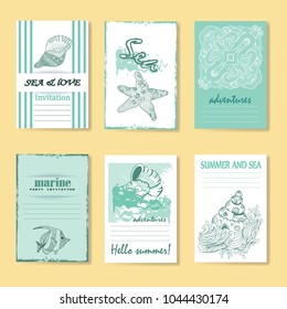 Vector set of four cards with hand drawn sketch elements. Summer sea theme. Good for invitations, cards, other printed stuff.