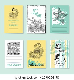 Vector set of four cards with hand drawn sketch elements. Summer sea theme. Good for invitations, cards, other printed stuff.